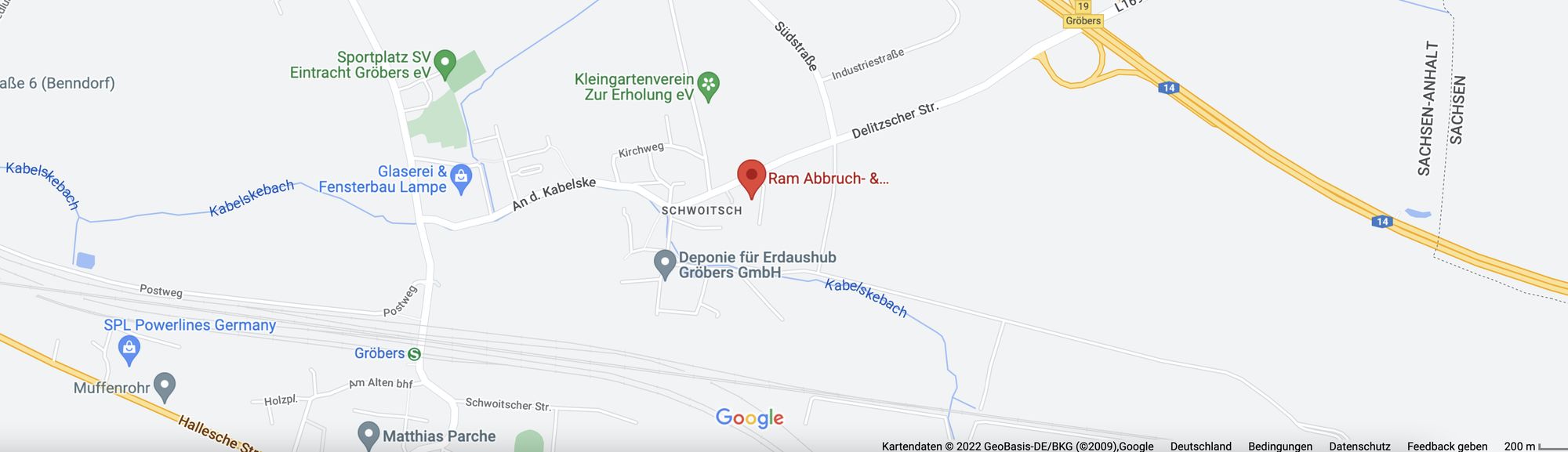 Kartenausschnitt Kabelsketal OT Schwoitsch mit Standort B. Ram an der Delitzscher Straße